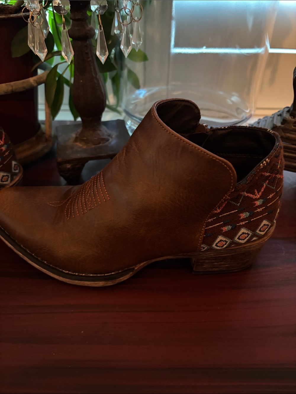 Roper Tan Leather Ankle Booties with Patterned Heel - Picture 3 of 9